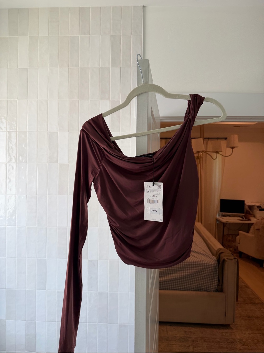 Zara One-Shoulder Long Sleeve Top — Deep Burgundy